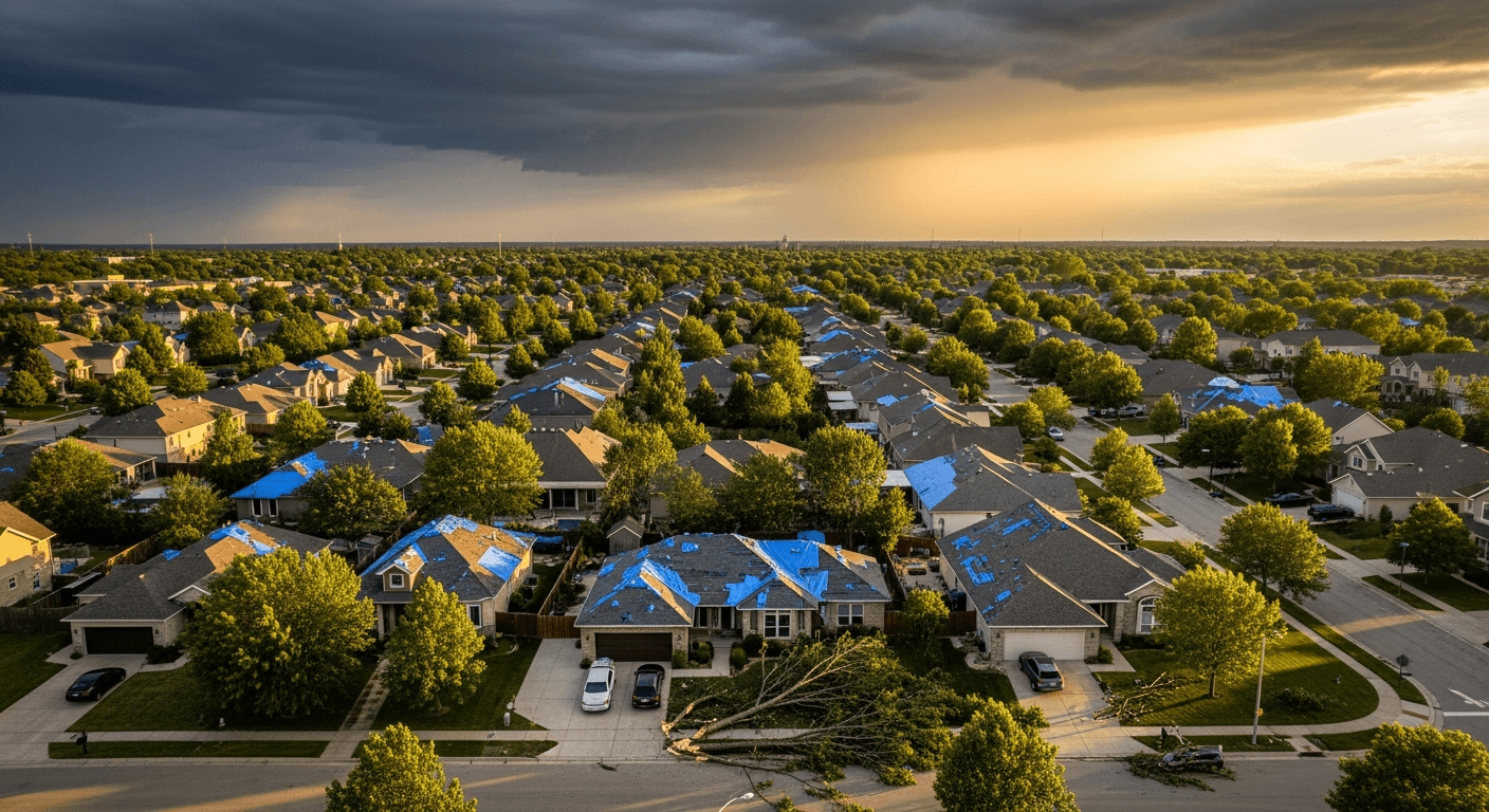 Aerial view of Illinois neighborhood after storm damage