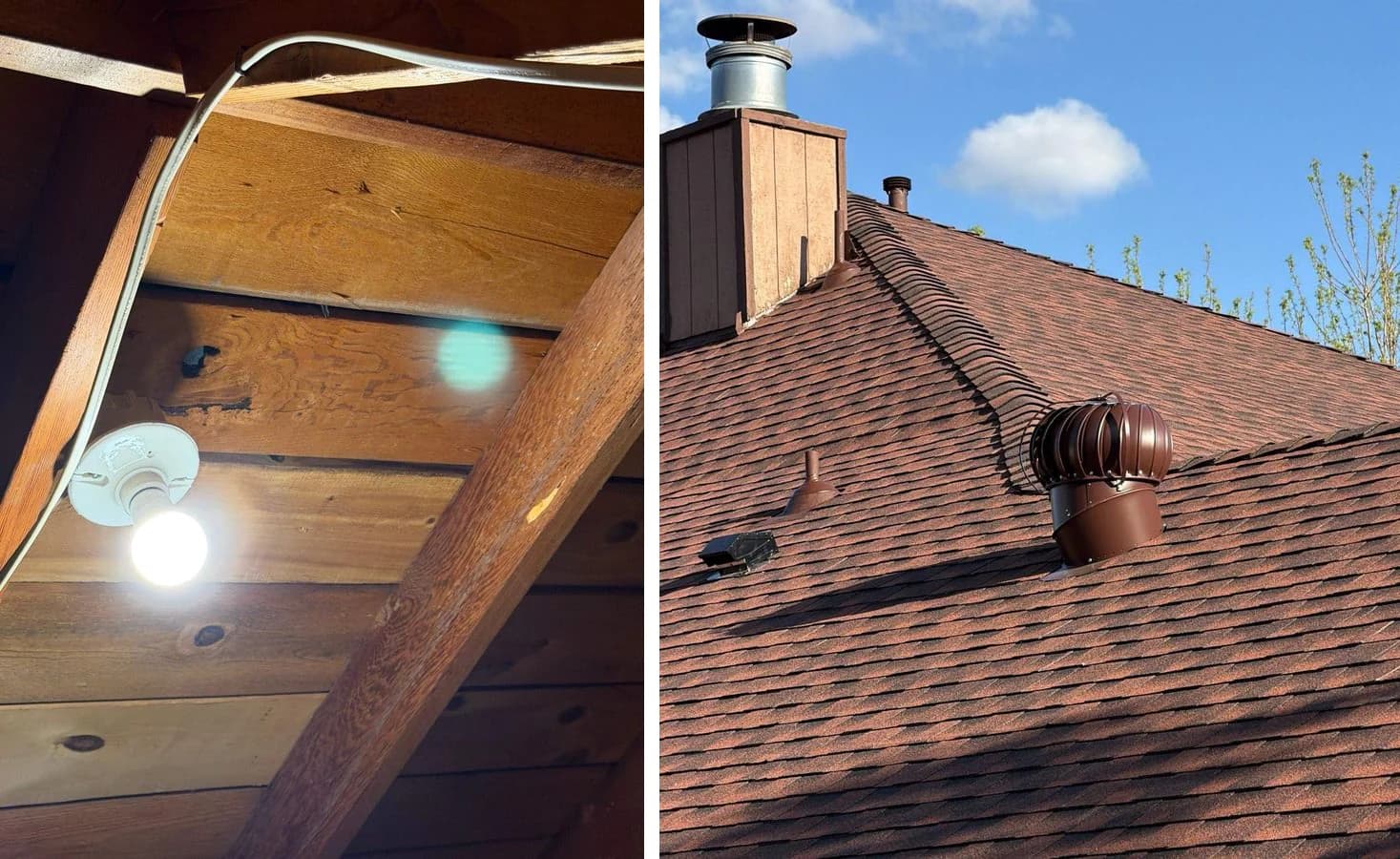 Florida roofing supplement documentation showing daylight through damaged attic decking alongside exterior shingles and turbine vent on the same property