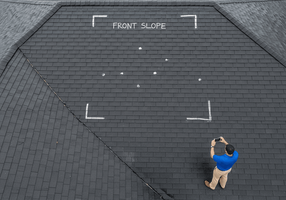 Licensed adjuster inspecting roof damage