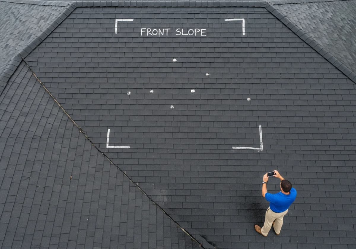 Licensed Independent Adjuster inspecting roof damage for an insurance supplement
