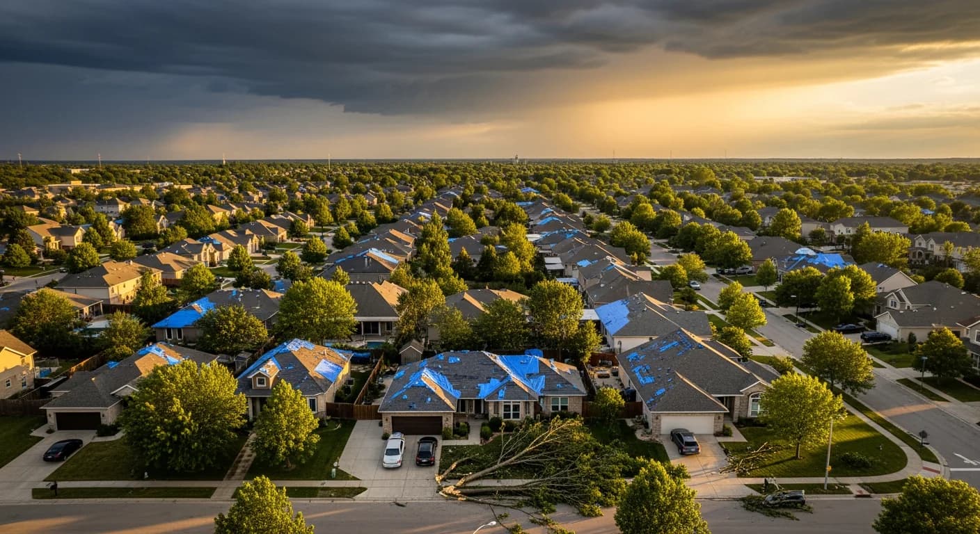 Aerial view of California neighborhood after storm damage